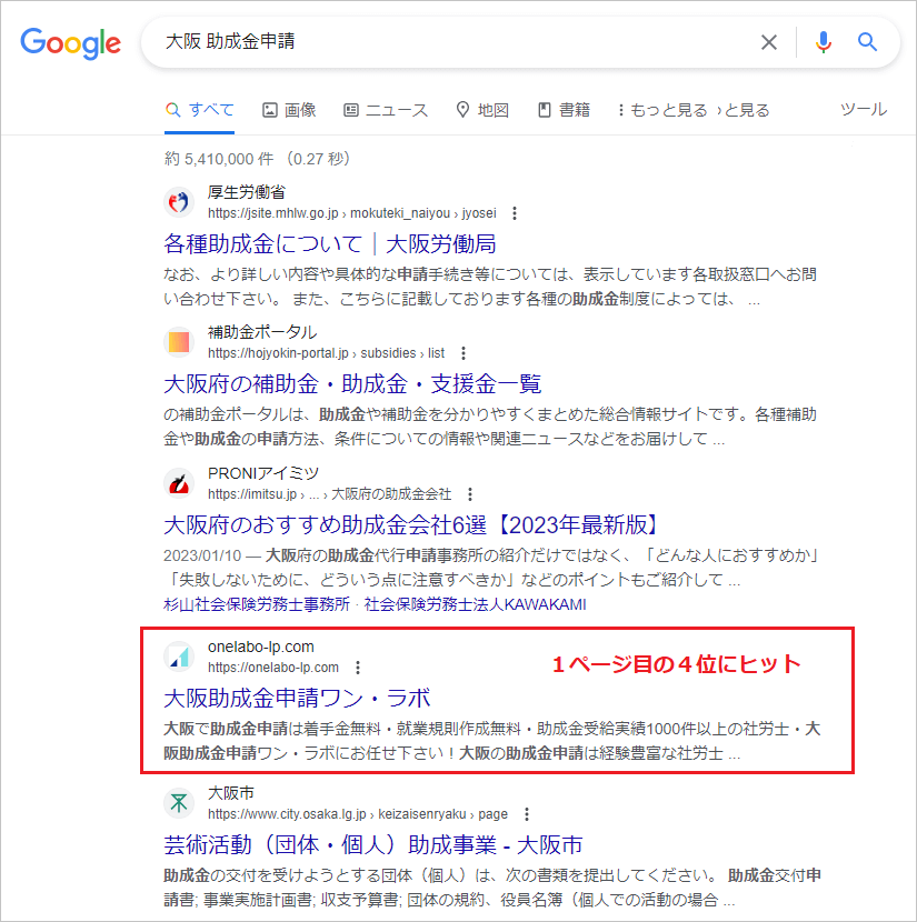 全国対応の助成金申請のSEO対策実績