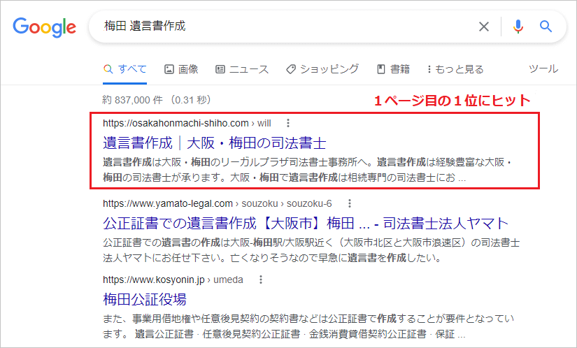 梅田の遺言書作成のSEO対策実績